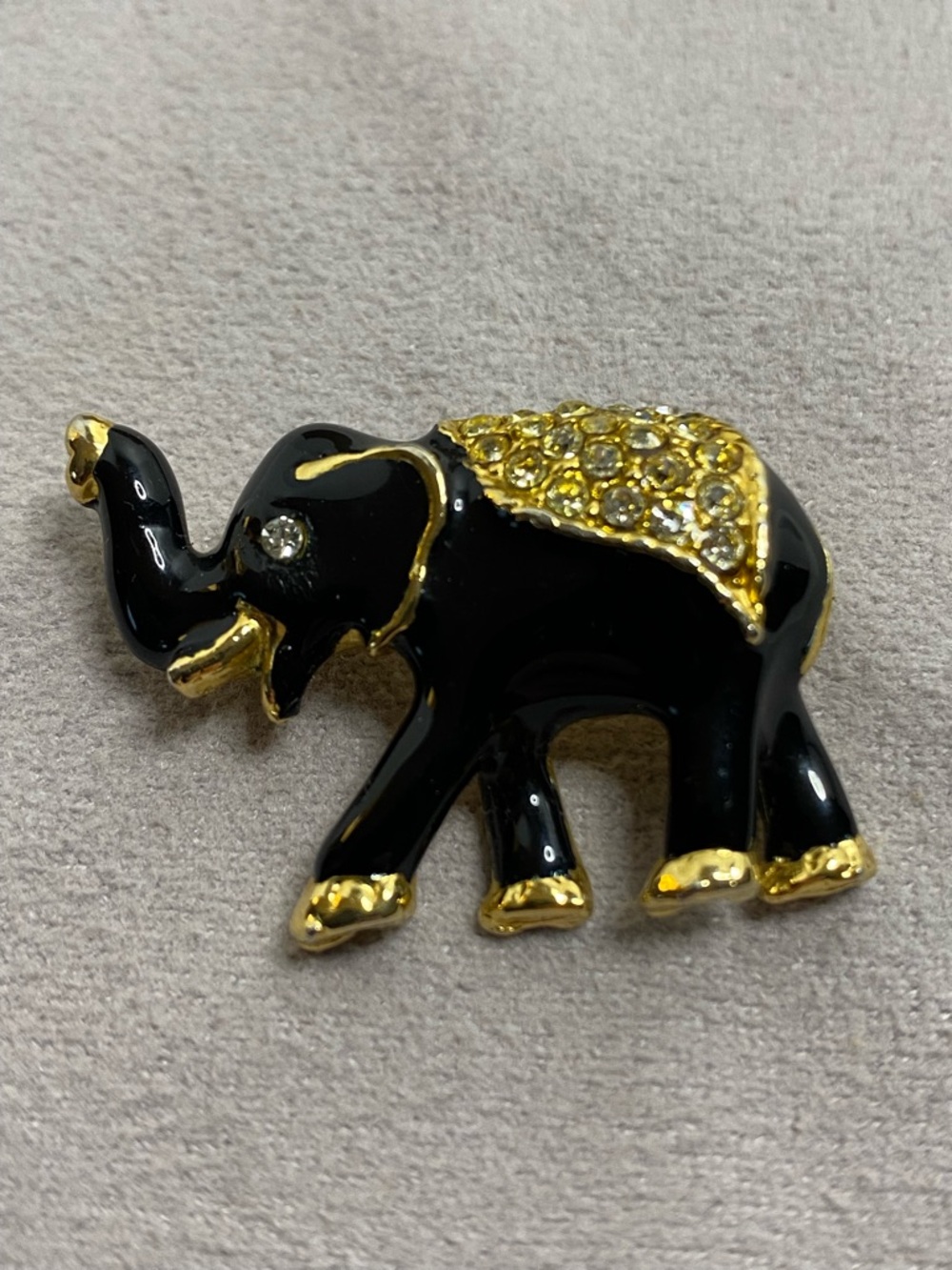 Vintage Black Enamel Elephant Brooch Rhinestone Saddle Lucky Figural Pin